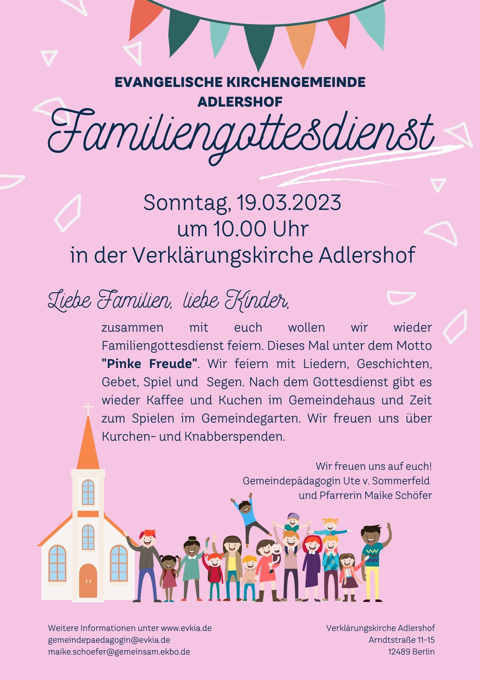 Flyer für den Familiengottesdienst in der Verklärungskirche Berlin-Adlershof am 19. März 2023 um 10 Uhr
