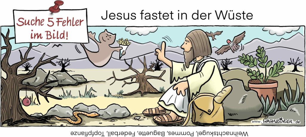 Für Kinder: Suche 5 Fehler im Bild. Thema ist: Jesus fastet in der Wüste.