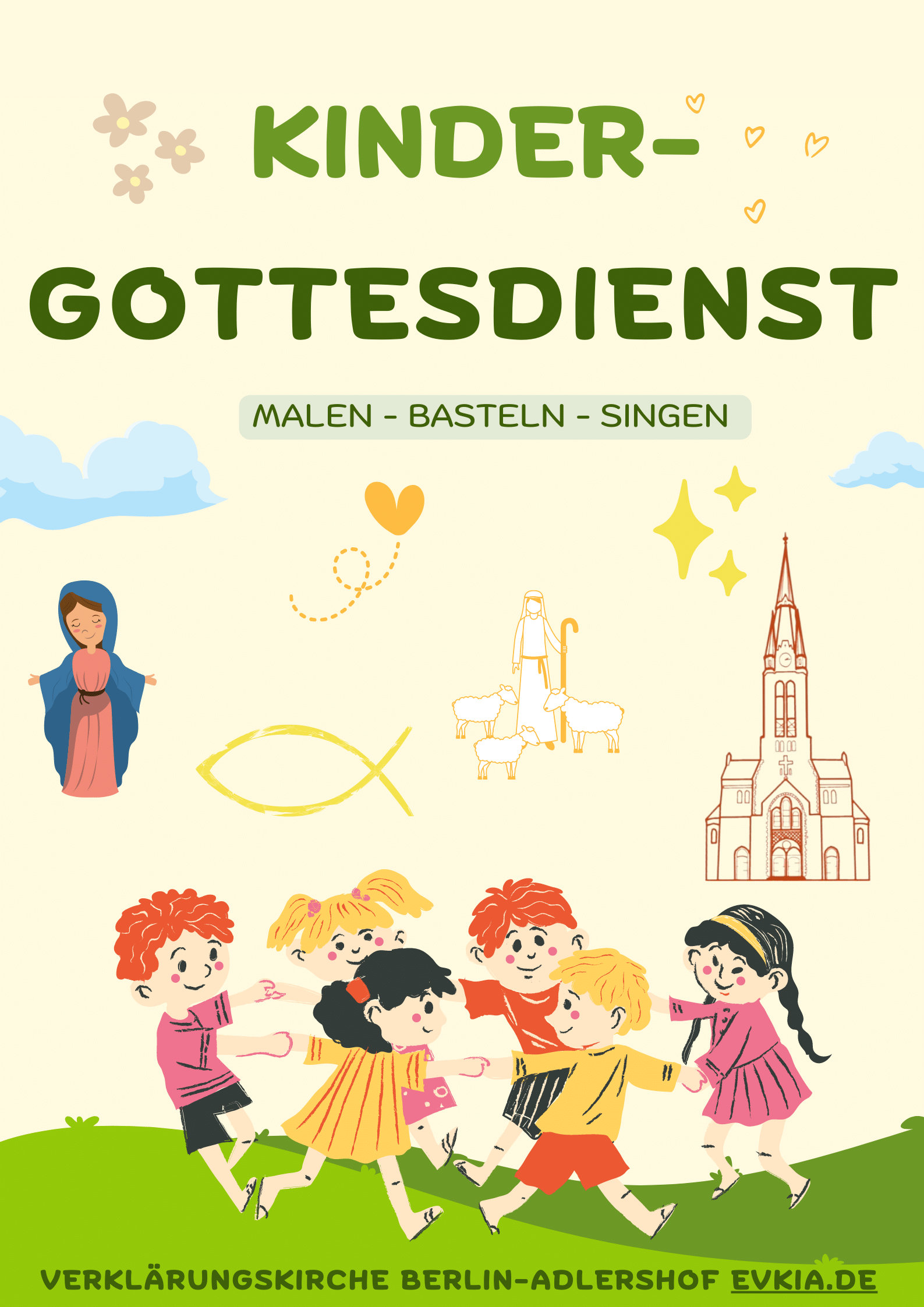Zu sehen ist ein Flyer mit der einladung zum Kindergottesdienst in der Verklärungskirche Berlin-Adlershof