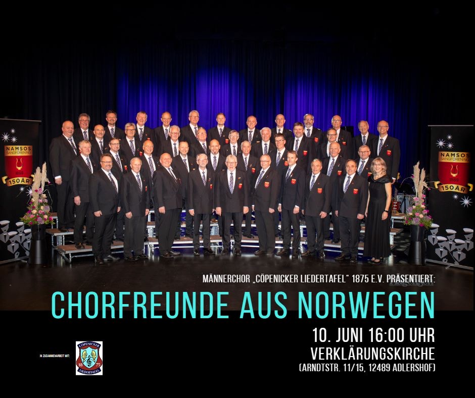 Chorfreunde aus Norwegen – Konzert am 10. Juni um 16 Uhr, Verklärungskirche Adlershof
